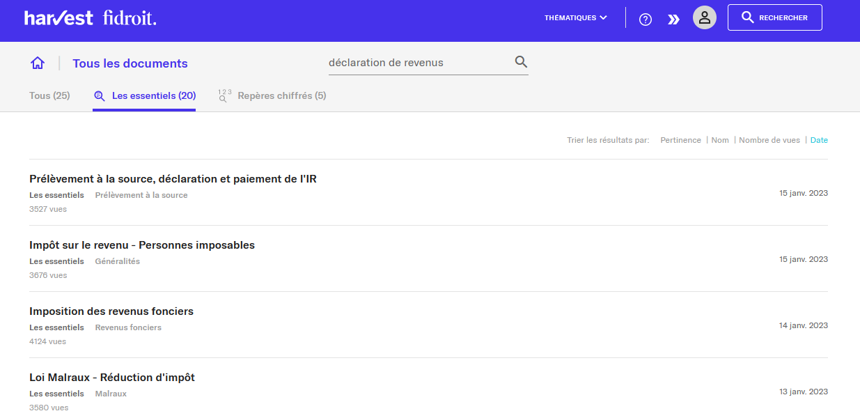 Démontration des articles disponibles dans Fidnet en rapport avec la campagne fiscale 2023
